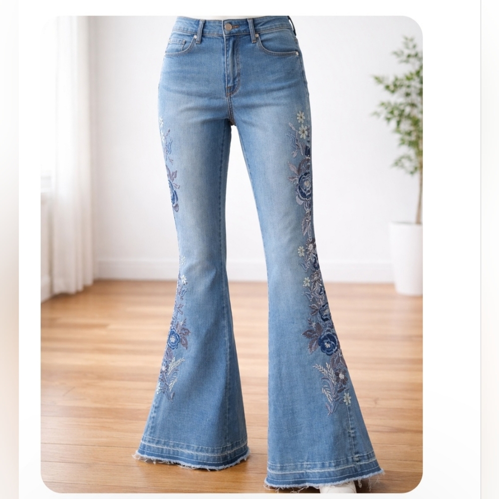 Philosophy Denim Blue Floral Embroidered Flare Jeans